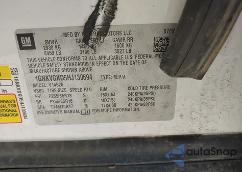 2017 Chevrolet Traverse Lt from USA, damaged, VIN 1GNKVGKD5HJ130694